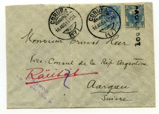 Spain Paquebot Cover Coruna To Switzerland 16 - 8 - 1914