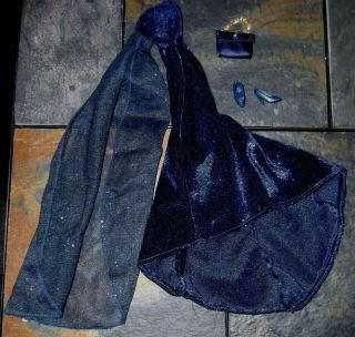 Barbie Doll Clothes - Navy Blue Velour Gown W/ Sheer Attached Cape,  Shoes,  Purse