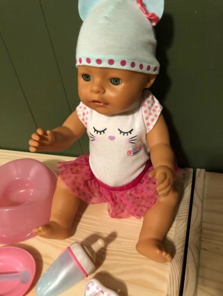 Baby Born Green Eyes Interactive Doll 16” Drinks Wets Sleeps EUC (Kitty) 3
