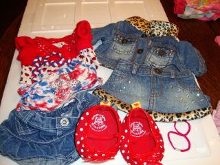 Build A Bear - Leopard Jean Outfit And Red Poke - A - Dot Shoes And Accessories.