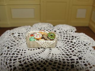 Dollhouse Miniature Wicker Basket W Colorful Donuts Artist Piece