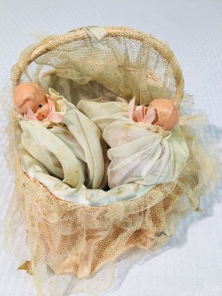 Vintage Composition Baby Doll Twins In Bassinet Storybook Nancy Ann Type