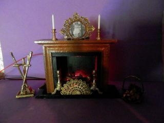 Dollhouse Miniature 1/12 Scale Wood 12 Volt Fire Place With All Accessories