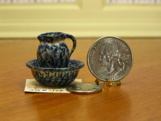 Jane Graber Blue Spongeware Pitcher & Bowl - Artisan Dollhouse Miniature 2