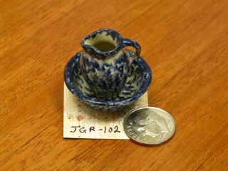 Jane Graber Blue Spongeware Pitcher & Bowl - Artisan Dollhouse Miniature 3