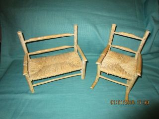 Doll Sized Wooden Rocking Chair And Bench With Woven Twine Seats