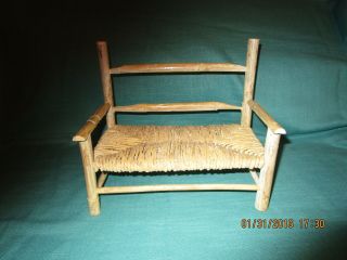 Doll sized wooden rocking chair and bench with woven twine seats 2