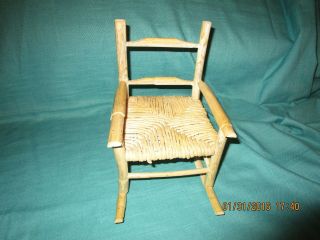 Doll sized wooden rocking chair and bench with woven twine seats 3