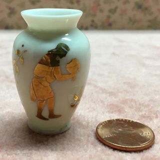 1:12 Scale Miniature White Porcelain Vase & Gold Image,  Signed C.  P.  & Dated 80s.
