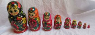 9 Wood Russian Matryoshka Nesting Dolls Hand Paint Red 9.  5 "