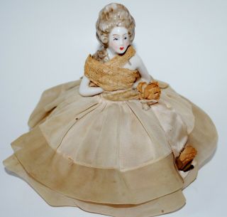 Fine German Porcelain Nude Half Doll Pin Cushion Doll With Dress.