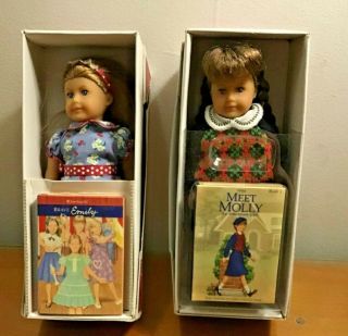 Two (2) American Girl Mini Dolls Emily & Molly 6 1/2 " With Books In Boxes