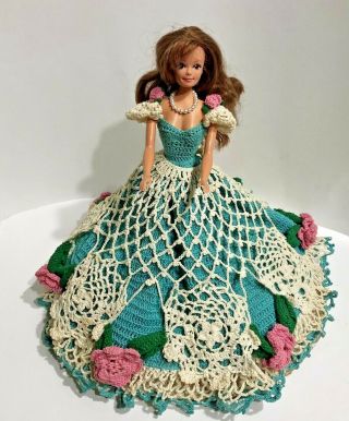 Southern Belle Hand Made Crochet Collector Dress & Barbie Teal Rose Lace 1993