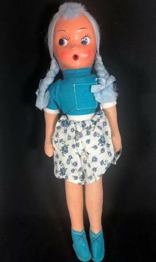 15” Vintage 1950s Polish Cloth Doll With Plastic Mask Face Unusual Blue Hair (cb
