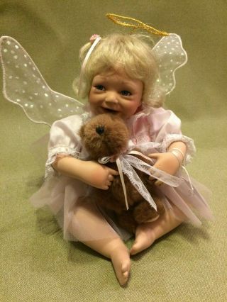 Porcelain Angel Doll Sitting Shelf Sitter Wings Halo 9 "