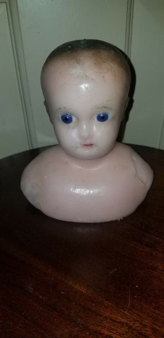 Antique Blue Glass Eyes Wax Head Over Papier Mache Shoulder Head Doll Head