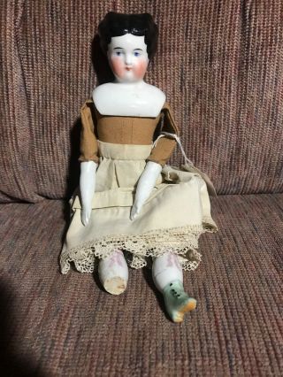 Antique German China Head Doll 10 - 3/4” One Rare Light Green Boot