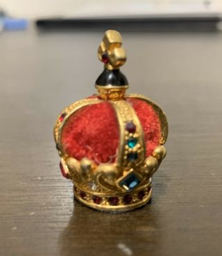 Miniature Mini Golden Metal King Crown W/ Gems And Red Felt
