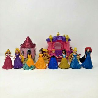 Disney Princess 8 Magiclip Polly Pocket Dolls Carriage Castle Belle Aurora Ariel