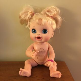 2012 Hasbro Baby Alive Real Surprise Doll English Spanish Blonde Hair Blue Eyes