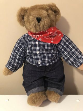 Vermont Teddy Bear Honey Tan Fur,  Red Handkerchief,  Jeans,  Plaid Shirt,  Euc