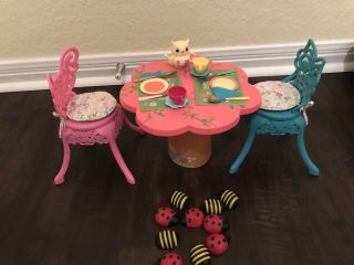 American Girl Wellie Wishers Table Chair Set With Ladybugs And Tea Party Set Euc