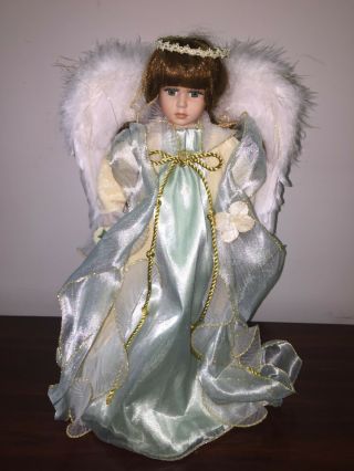 Porcelain Angel Doll Feather Wings Red Hair Green Eyes 17 "