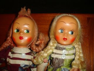 old hard plastic face ponytail rosy cheek Blonde Redhead TWIN SISTER Polish doll 3