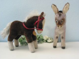 (24854,  24695) STEIFF HORSE FERDY and DONKEY GRISSY,  22/25 cm with ID ' s 2