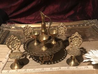 Brass Miniature Furniture Mini Dining Table & 4 Chairs Set W/pitcher & 3 Cups