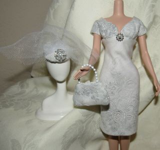 Barbie Silkstone Handmade Ooak White Pale Gray Purse Dress Hat Doll Fashion