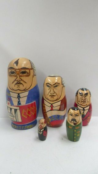 Vintage Set 5 Wooden Russian Dolls Leaders Gorbachov Leaders Babushka