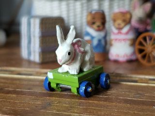 Dollhouse Miniature Artisan Metal Painted Bunny Pull Toy Signed 1:12 3