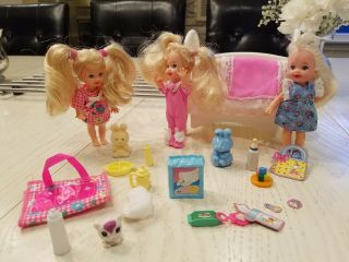 Kelly Doll Baby Sister Of Barbie 1994 Mattel With Crib And Accessories - Set Of 3