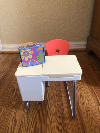 American Girl Flip Top School Desk Set For Doll Chair Attached W/ Lunchbox