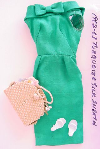 1962 - 63 Barbie Turquoise Silk Sheath Dress Set W Heels & Floral Purse