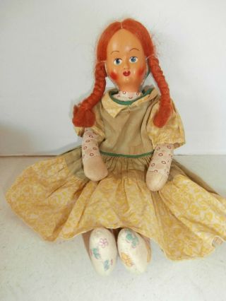Vintage Sawdust Filled Cloth Doll W/plastic Face Red Hair And Blue Eyes Poland