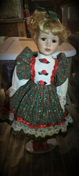 Seymour Mann Christmas Doll 17 " Mark On Neck Porcelain Green And Red Attire