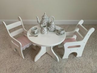 White Wooden Doll Furniture For 18 " Dolls,  Round Table & 2 Chairs