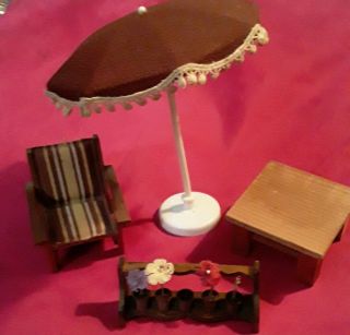 Vintage Lundby Dollhouse Wood Patio Chair Table Flower Pot Shelf Umbrella