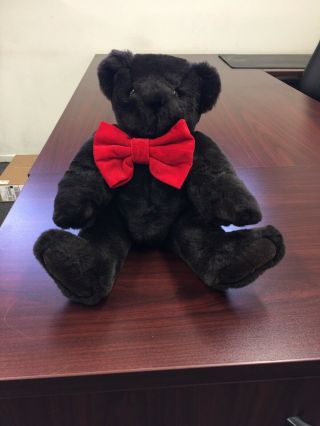 Authentic Vermont Teddy Bear Jointed 16 " Dark Chocolate Brown Red Bow