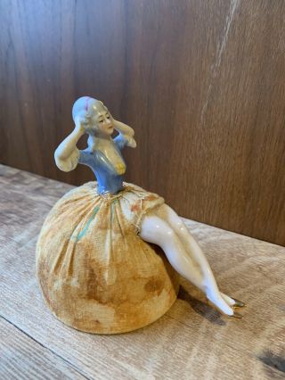 German Bisque Porcelain Half Doll Pin Cushion With Legs And Gold Shoes