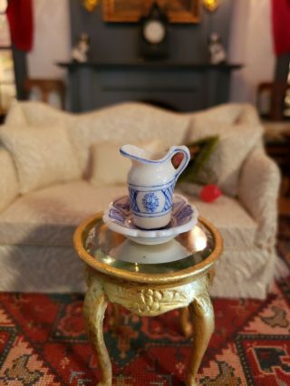 Dollhouse Miniature Artisan Signed Bowl And Pitcher Blue White Cold Porcelain