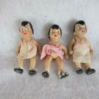 Set Of Three Bisque Dolls Japan 3.  5 " Miniature Jointed Japan Tccmy Hand Painted