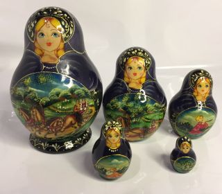 Russian Doll Matryoshka Signed Hand Painted Design 5 X Horses Carriage