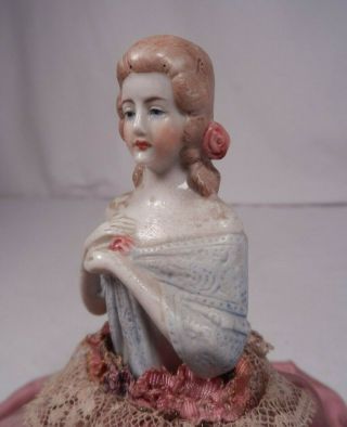German Porcelain Half Doll Pin Cushion Vanity Hair Pink Skirt With Lace