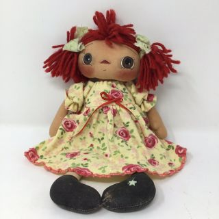 Handmade Folk Red Yarn Hair Cloth Rag Doll Painted Face 11 " Floral Clothing