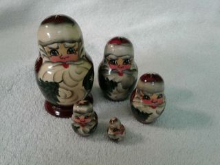 Set 5 Wooden Russian Santa Claus 4 " Nesting Dolls Hand Painted Signed