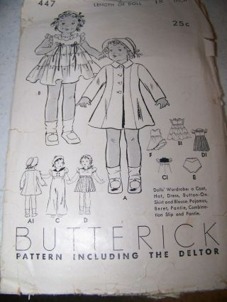 1923 Butterick 18 Inch Doll Clothes Pattern 8 Items Including Coat And Hat 447
