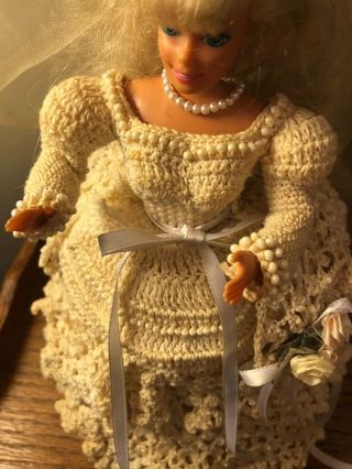Vintage Blonde Barbie Bride Hand Made Ecru Crocheted Wedding Dress w/Pearls Veil 3